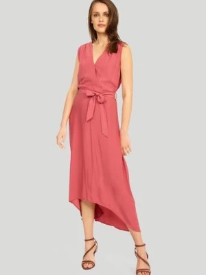 Zdjęcie produktu Asymetryczna sukienka damska wiązana w pasie - różowa Greenpoint