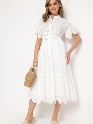 Zdjęcie produktu Biała Haftowana Sukienka z Bawełny z Guzikami i Gumką w Talii Melliara