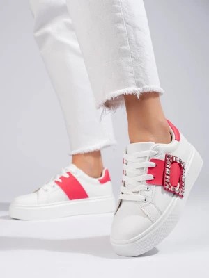 Zdjęcie produktu Białe damskie buty sneakersy z różową wstawką Shelovet Merg