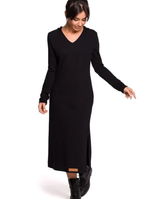 Zdjęcie produktu Długa sukienka dresowa z kapturem i dekoltem V bawełniana czarny Be Active