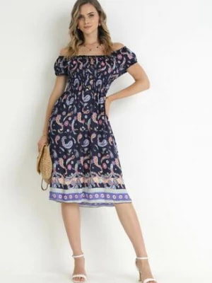 Zdjęcie produktu Granatowa Rozkloszowana Sukienka Hiszpanka we Wzór Paisley Dottia
