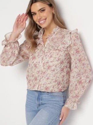 Zdjęcie produktu Jasnobeżowa Koszula z Błyszczącymi Drobinkami Falbankami i Wzorem w Kwiaty Vletanna