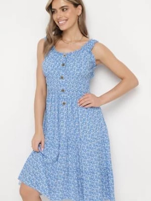 Zdjęcie produktu Niebieska Rozkloszowana Sukienka z Bawełny na Szerokich Ramiączkach z Gumką w Pasie Bellawish