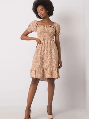 Zdjęcie produktu RUE PARIS Beżowa sukienka we wzory z falbaną
