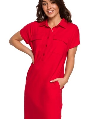 Zdjęcie produktu Sukienka koszulowa na lato szmizjerka z kołnierzykiem czerwona bawełna Be Active