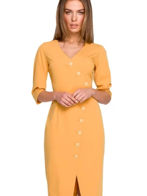 Zdjęcie produktu Sukienka ołówkowa kopertowa z dekoltem V i ozdobnymi guzikami żółta Sukienki.shop