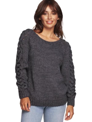 Zdjęcie produktu Sweter damski wełniany z warkoczami na rękawach grafit BE Knit