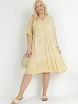 Zdjęcie produktu Żółta Rozkloszowana Sukienka z Falbanką i Podwijanymi Rękawami Arilanie