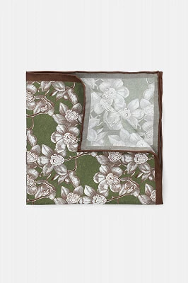Zdjęcie produktu Poszetka Jedwabna Zielono-Brązowa w Kwiaty Lancerto