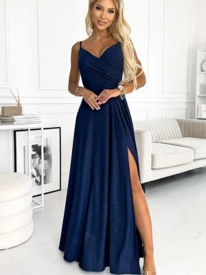 Zdjęcie produktu 299-10 CHIARA elegancka maxi suknia na ramiączkach - GRANATOWA Z BROKATEM Numoco