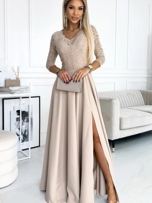 Zdjęcie produktu 309-10 AMBER koronkowa elegancka długa suknia z dekoltem i rozcięciem na nogę - BEŻOWA Numoco