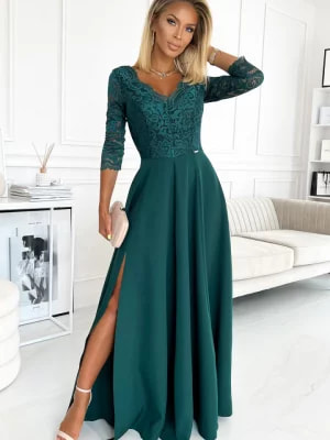 Zdjęcie produktu 309-5 AMBER elegancka koronkowa długa suknia z dekoltem - ZIELEŃ BUTELKOWA Numoco