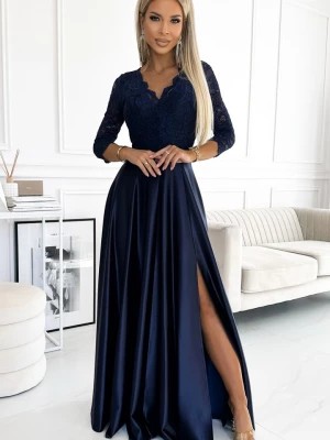Zdjęcie produktu 309-7 AMBER koronkowa długa SATYNOWA suknia z dekoltem - GRANATOWA Numoco