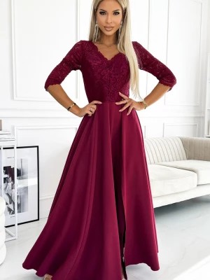 Zdjęcie produktu 309-9 AMBER elegancka długa suknia maxi z koronkowym dekoltem - BORDOWA Numoco
