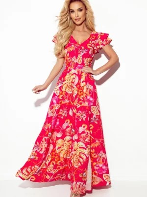 Zdjęcie produktu 310-4 LIDIA długa sukienka z dekoltem i falbankami - RÓŻOWA W KWIATY Numoco