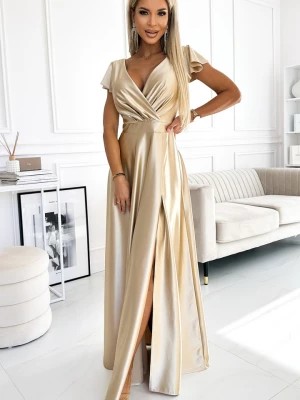 Zdjęcie produktu 411-7 CRYSTAL satynowa długa suknia z dekoltem - ZŁOTA Numoco