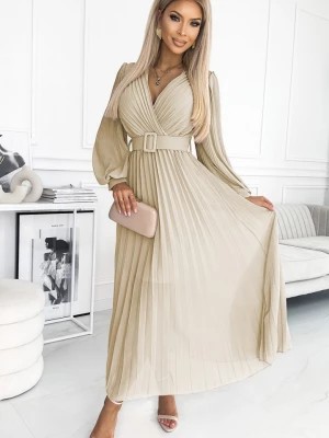 Zdjęcie produktu 414-8 KLARA plisowana sukienka z paskiem i dekoltem - BEŻOWA Numoco