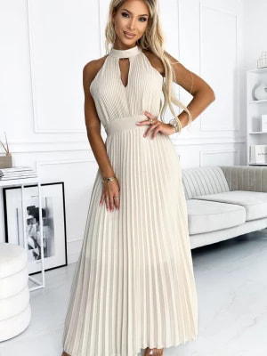 Zdjęcie produktu 484-1 Plisowana sukienka midi z wycięciem w kształcie łezki na dekolcie - BEŻOWA Numoco
