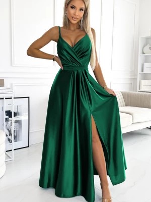Zdjęcie produktu 512-1 JULIET elegancka długa satynowa suknia z dekoltem - ZIELEŃ BUTELKOWA Numoco