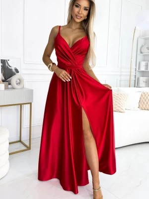 Zdjęcie produktu 512-5 JULIET elegancka długa satynowa suknia z dekoltem i rozcięciem na nogę - CZERWONA Numoco