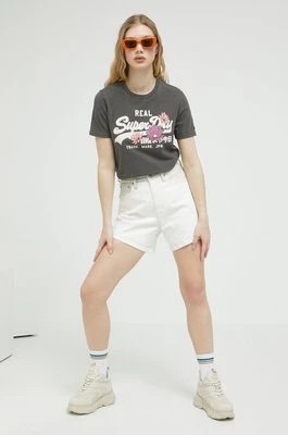 Zdjęcie produktu Abercrombie & Fitch szorty jeansowe damskie kolor beżowy gładkie high waist