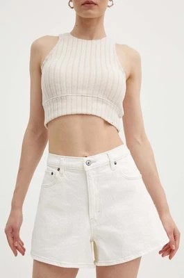 Zdjęcie produktu Abercrombie & Fitch szorty jeansowe damskie kolor beżowy gładkie high waist