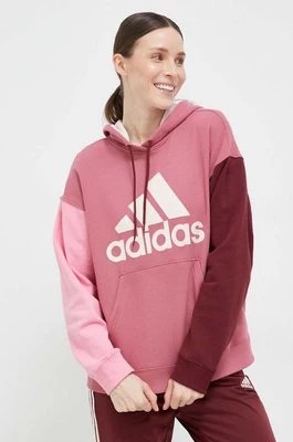 Zdjęcie produktu adidas bluza bawełniana damska kolor różowy z kapturem wzorzysta