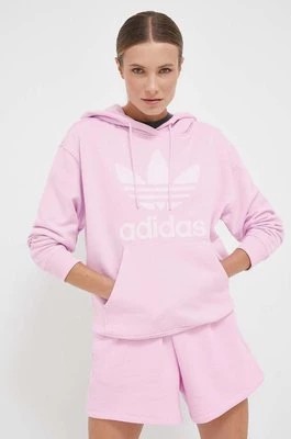 Zdjęcie produktu adidas Originals bluza bawełniana damska kolor różowy z kapturem z nadrukiem