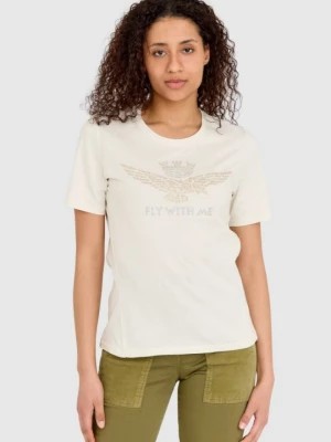 Zdjęcie produktu AERONAUTICA MILITARE Kremowy t-shirt damski z orłem wykonanym z dżetów