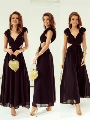 Zdjęcie produktu Amber sukienka czarna elegancka na wesele maxi z rozcięciem i falbanami Fiore