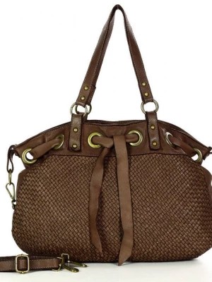 Zdjęcie produktu ANDŻELA - Włoska Oryginalna torebka z wiązaniem ze skóry naturalnej vintage shopper czekoladowy brąz Merg