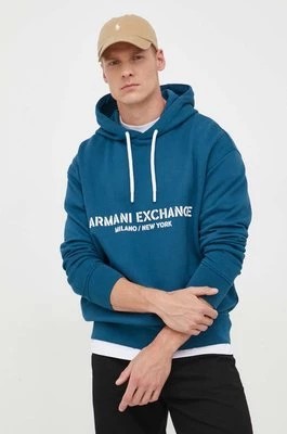 Zdjęcie produktu Armani Exchange bluza bawełniana męska kolor niebieski z kapturem z nadrukiem