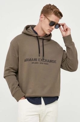 Zdjęcie produktu Armani Exchange bluza bawełniana męska kolor zielony z kapturem z nadrukiem