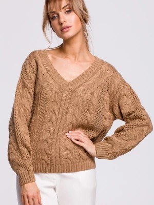 Zdjęcie produktu Ażurowy sweter z dekoltem w serek - beżowy Merg