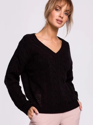 Zdjęcie produktu Ażurowy sweter z dekoltem w serek - czarny Merg