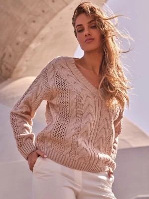 Zdjęcie produktu Ażurowy sweter z dekoltem w serek - pudrowy Merg