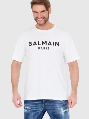 Zdjęcie produktu BALMAIN Biały t-shirt męski z drukowanym czarnym logo