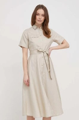 Zdjęcie produktu Barbour sukienka lniana kolor beżowy midi rozkloszowana