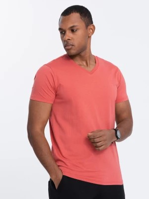 Zdjęcie produktu Bawełniana klasyczna męska koszulka z dekoltem w serek BASIC - różowa V12 OM-TSBS-0145
 -                                    XXL