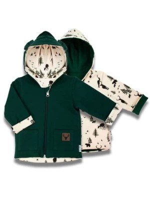 Zdjęcie produktu Bawełniana kurtka niemowlęca chłopięca dwustronna zielona/beżowa z motywem leśnym Nicol