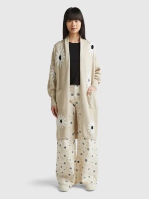 Zdjęcie produktu Benetton, Long Cardigan With Floral Inlay, size S, Beige, Women United Colors of Benetton