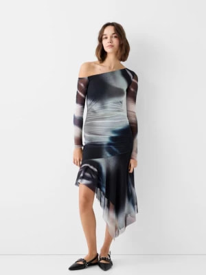 Zdjęcie produktu Bershka Asymetryczna Sukienka Średniej Długości Z Długim Rękawem I Nadrukiem Kobieta Ciemnoniebieski