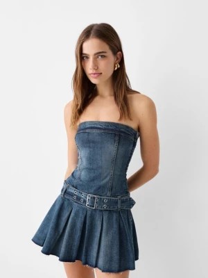 Zdjęcie produktu Bershka Denimowa Sukienka Mini Bez Rękawów Z Paskiem Kobieta Wyblakły Niebieski