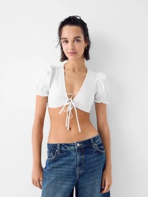 Zdjęcie produktu Bershka Koszula Z Popeliny Z Krótkim Rękawem I Wiązaniem Kobieta Biały