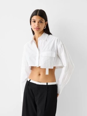 Zdjęcie produktu Bershka Krótka Koszula Popelinowa Z Długim Rękawem I Paskami Kobieta Biały