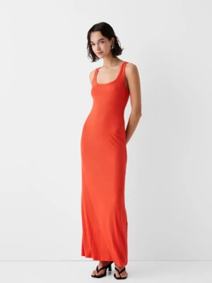 Zdjęcie produktu Bershka Prążkowana Sukienka Na Ramiączkach Kobieta Pomarańczowy