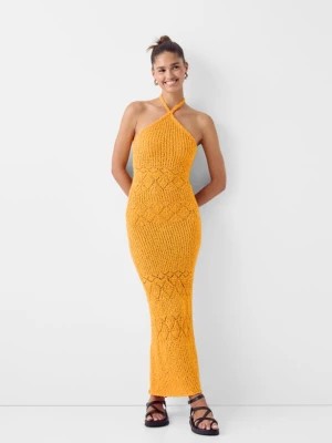 Zdjęcie produktu Bershka Rustykalna Sukienka Średniej Długości Z Dekoltem Halter Kobieta Pomarańczowy