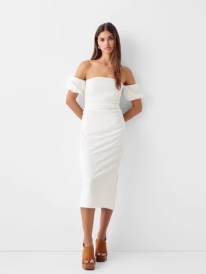 Zdjęcie produktu Bershka Sukienka Midi Z Krótkim Rękawem Z Łączonych Materiałów: Z Krepy I Popeliny Kobieta Biały Złamany