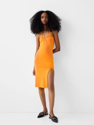 Zdjęcie produktu Bershka Sukienka Midi Z Marszczeniem I Rozcięciem Kobieta Pomarańczowy