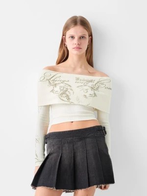 Zdjęcie produktu Bershka Sweter Z Długim Rękawem Z Dekoltem Odsłaniającym Ramiona I Haftem Kobieta Biały Złamany